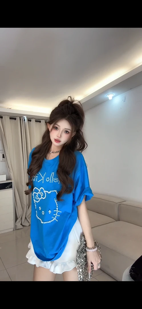 百搭立体kitty钉珠短袖T恤女夏季新款小众宽松上衣ins潮