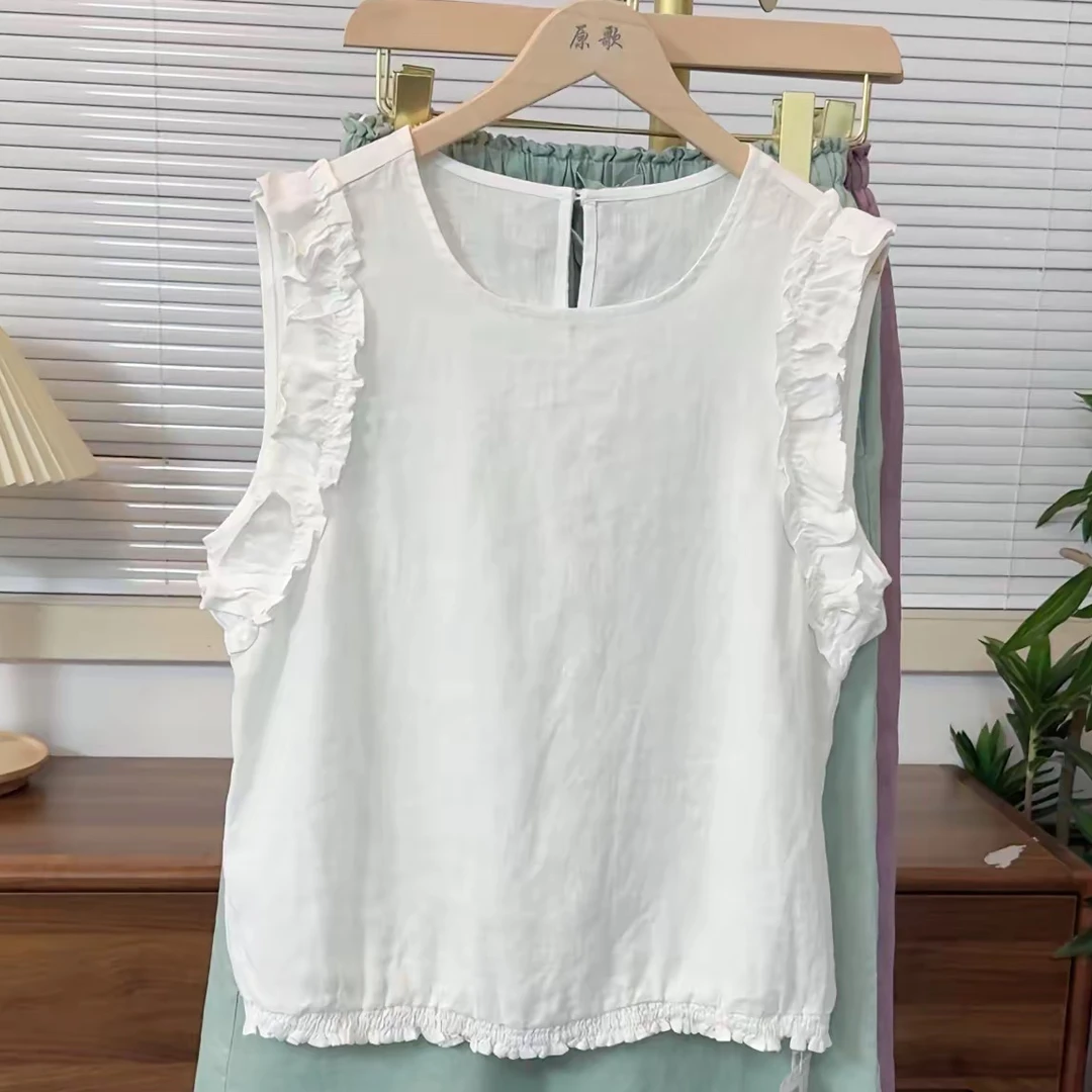 【原歌】夏季新款100亚麻圆领木耳花边无袖背心YG658