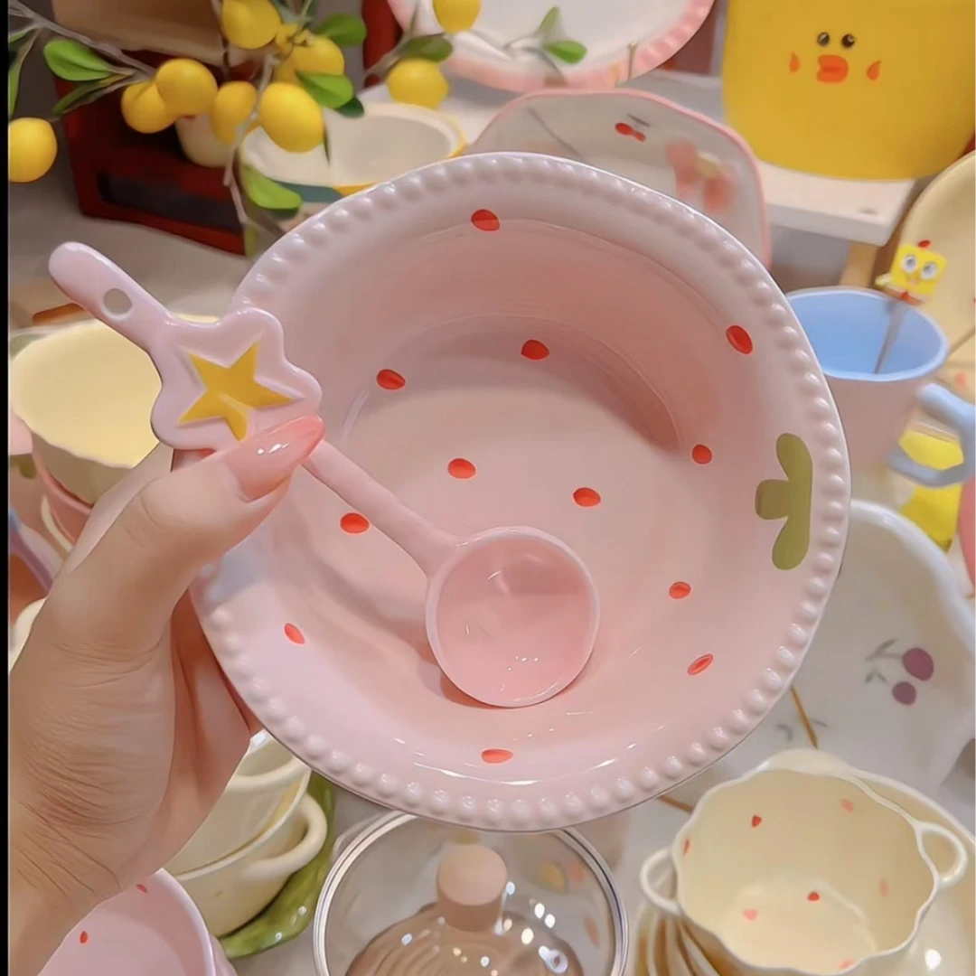 【1碗1勺】奶油风粉嫩草莓珍珠碗+星星勺甜品碗勺少女心陶瓷碗