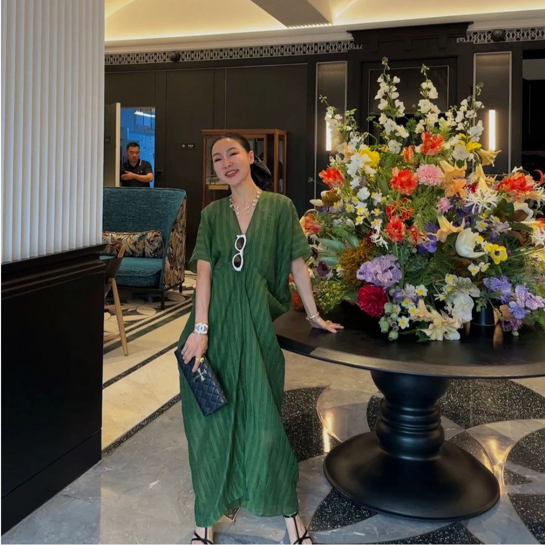 SONGTING 小众设计O型茧型连衣裙 天丝亚麻v领连衣裙（赠吊带内衬）