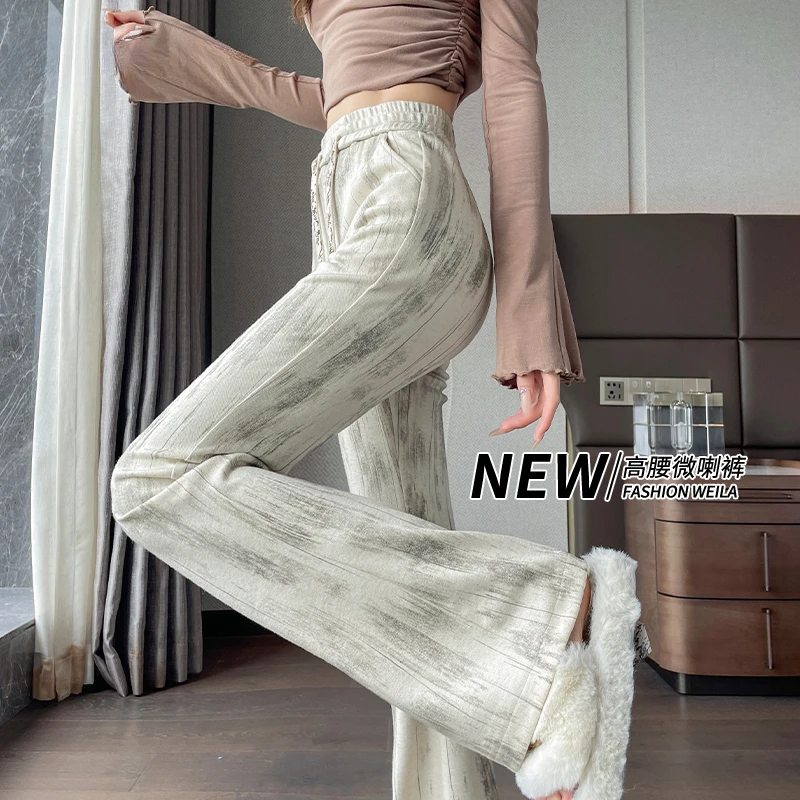 扎染喇叭裤女春秋2025新款小个子高腰显瘦修身弹力微喇裤宽松百搭