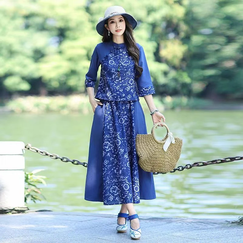 【青花瓷  】棉麻两件套裙女复古民族风2025春夏新款宽松显瘦文艺裙