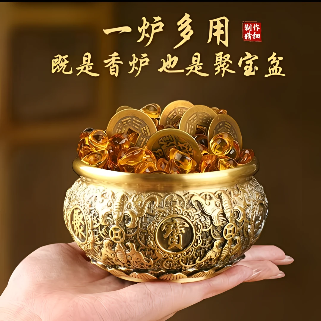 黄铜实心来福来财金蟾八福聚宝盆高档家居前台开业摆设礼品摆件