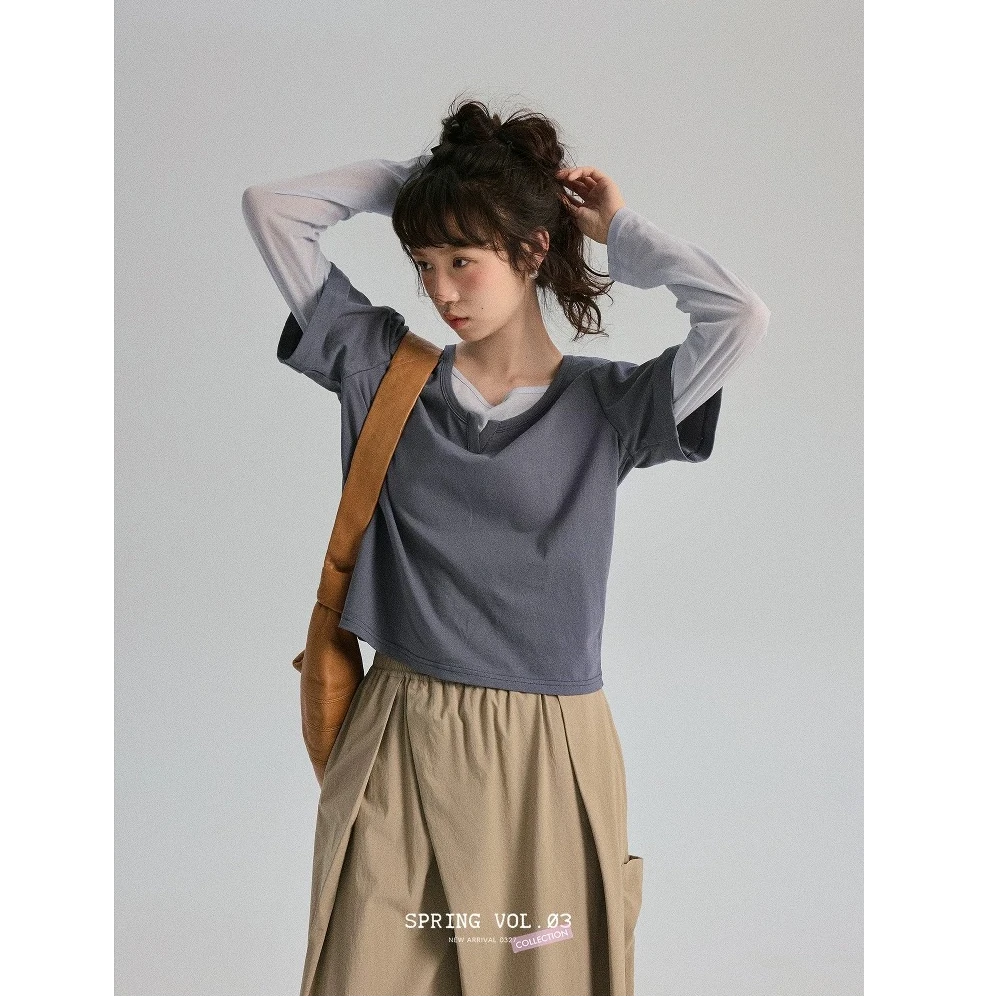 「白描工作间」"利亚德日落"假两件春季上衣层次打底衫长袖t恤女