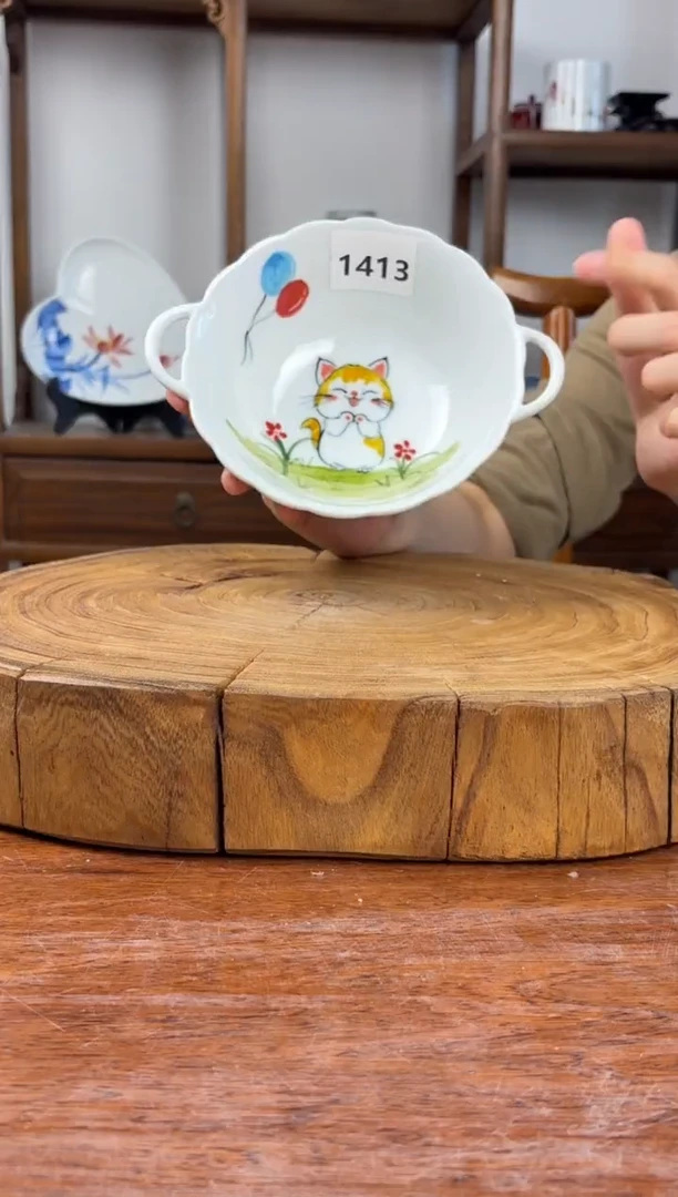 瓷片景德镇高温釉中彩-双耳碗1413
