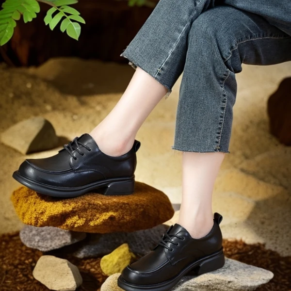 2025头层牛皮百搭皮鞋黑色少女风防滑单鞋新款洋气单鞋厚底女鞋