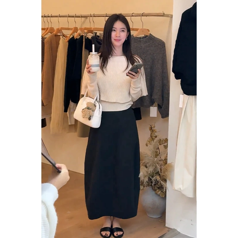 2025早秋新款法式气质假两件圆领长袖毛衣上衣百搭高腰开叉半身裙