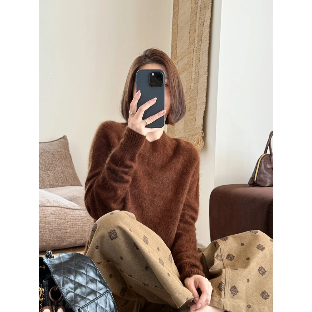 【唐悠悠mgdm】羊毛羊绒175g拉毛无缝一体圆领套头重磅针织衫毛衣女