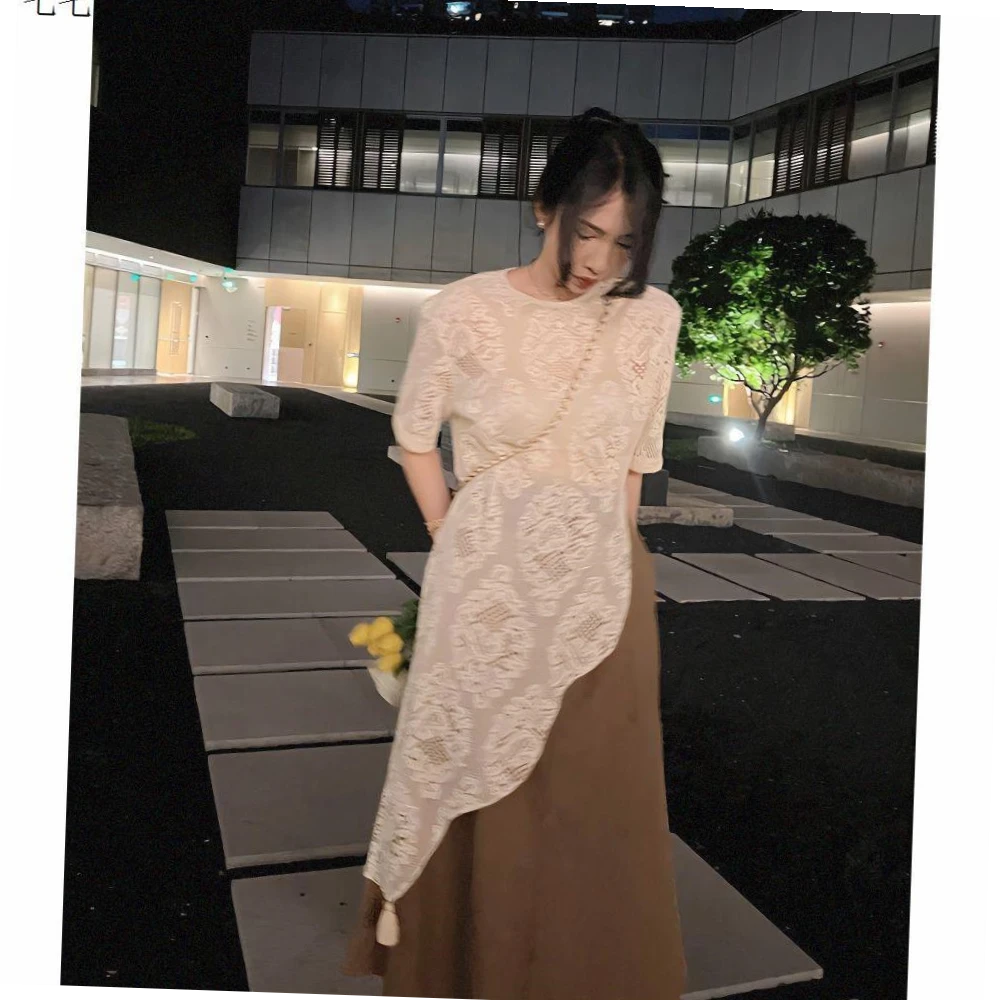 2025夏季新款设计中国风圆领不规则蕾丝镂空恤叠穿显瘦洋气上衣