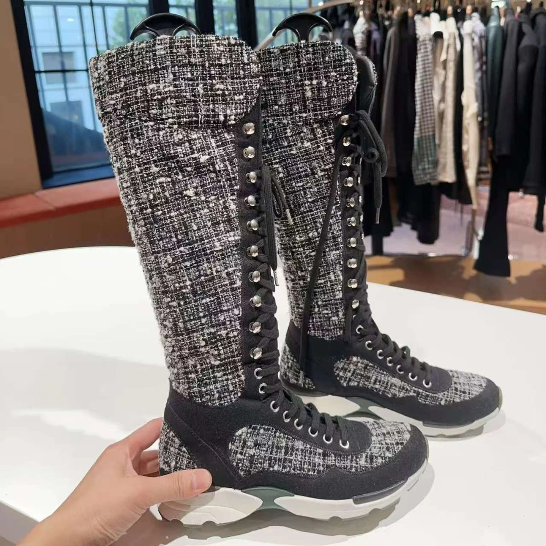 未使用 Chanel/香奈儿 金属logo编织粗花呢系带运动高筒靴 37码