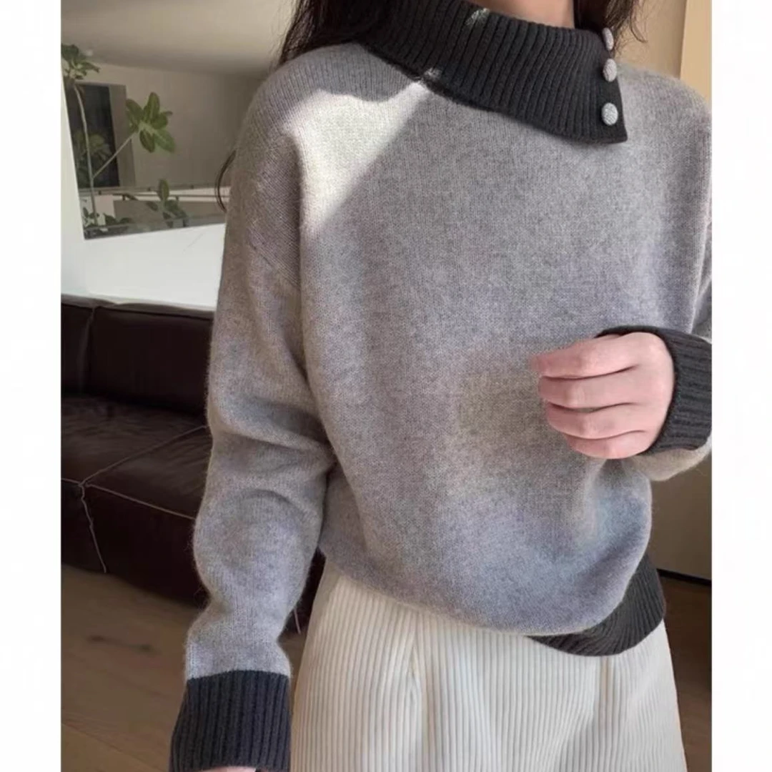 婷婷家撞色高领套头软糯针织毛衣女秋冬新款宽松显瘦百搭上衣