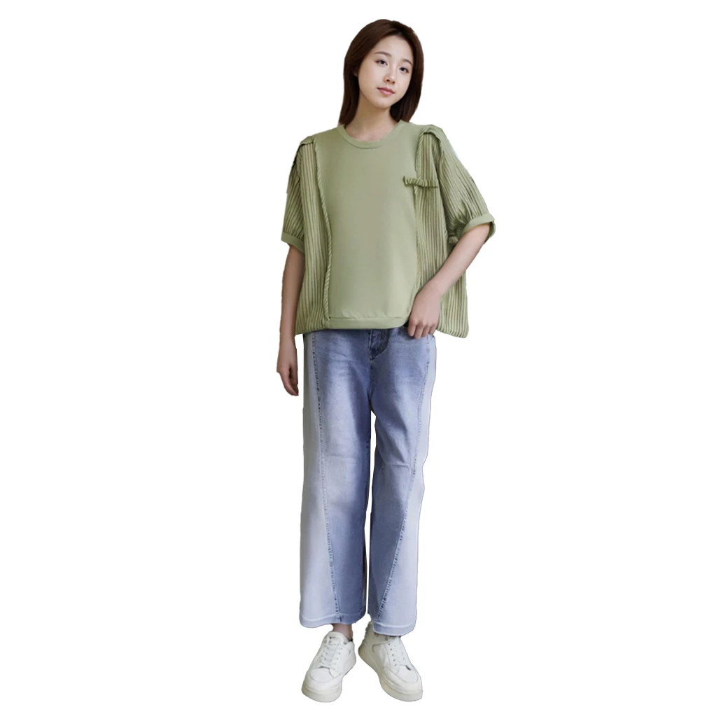下摆抽绳梭织条纹拼接针织T恤宽松夏季