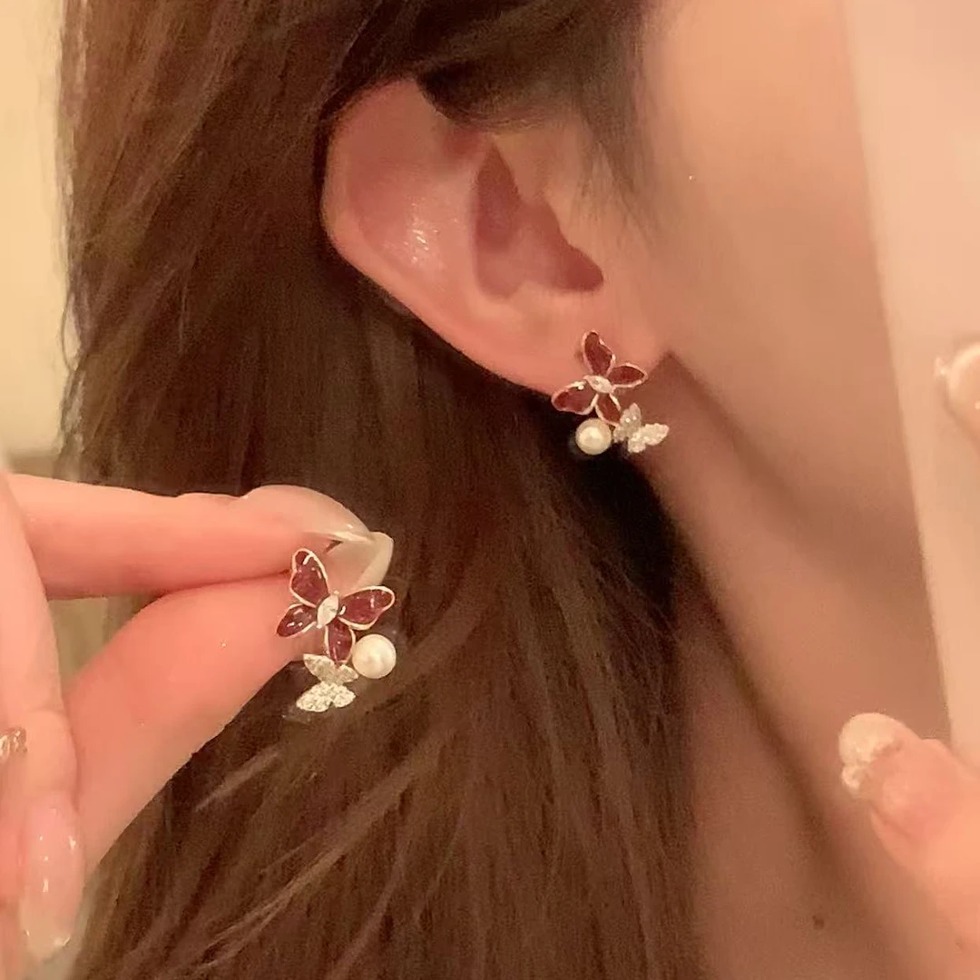 铜合金锆石耳饰 早秋轻奢复古红蝴蝶珍珠耳环女气质百搭耳针耳饰