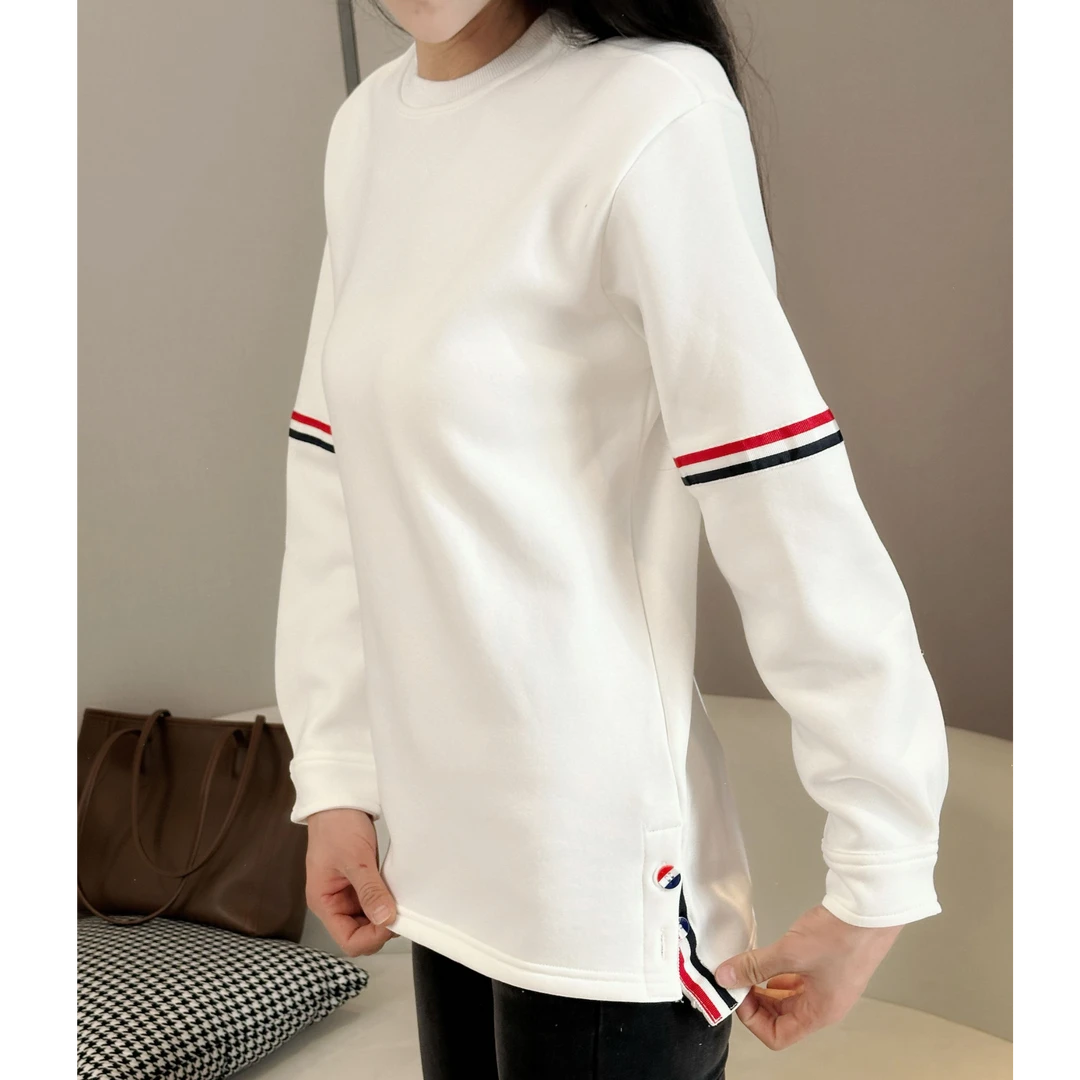 设计感拼色纽扣织带大版加绒卫衣女秋冬新款宽松休闲圆领长袖上衣