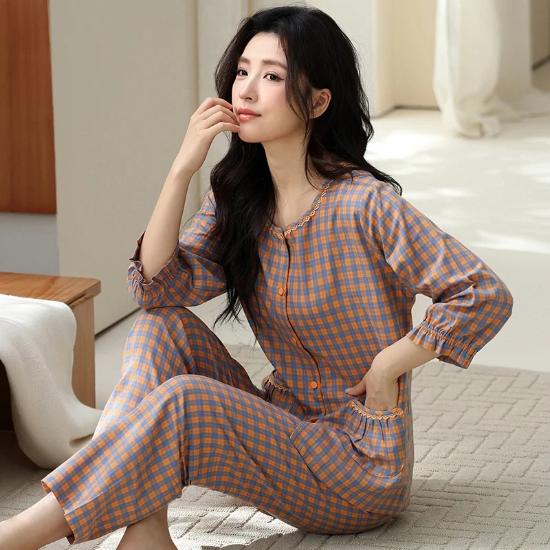 【两件套】棉睡衣碎花边2025新款女春夏七分袖长裤休闲家居大码睡衣