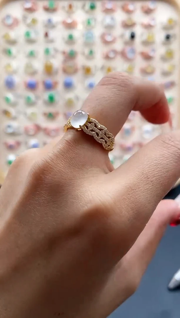 【闪购商品】翡翠戒指银S925镶嵌缅甸天然A货翡翠222 6+10