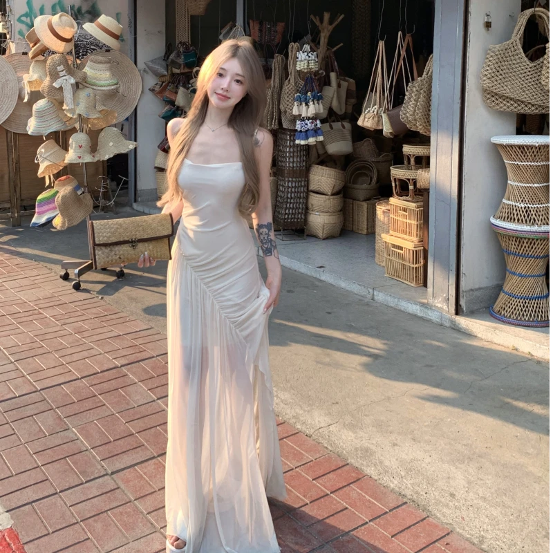 抹胸网纱拼接吊带连衣裙女夏气质修身显瘦高级感微透开叉长裙