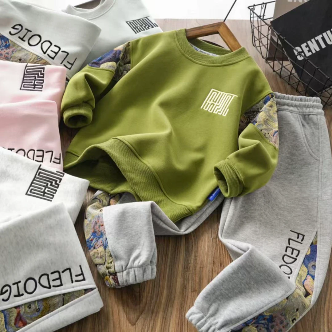 儿童男女童春秋新款拼接刺绣休闲卫衣套装中大童两件套洋气35030