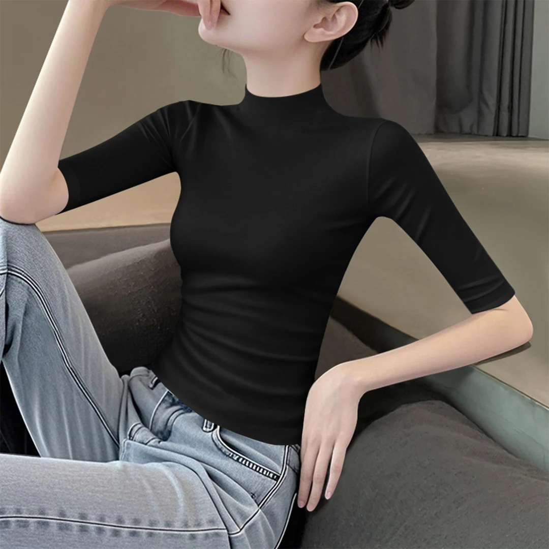 白色半高领中袖T恤女2025新款早秋打底修身显瘦百搭紧身内搭上衣