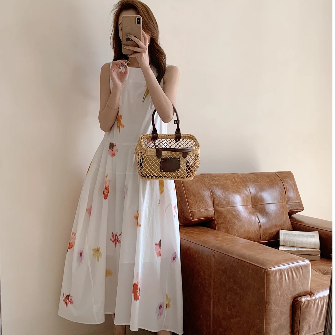 小清新长裙碎花甜美无袖连衣裙夏季夏装气质裙子印花时尚法式