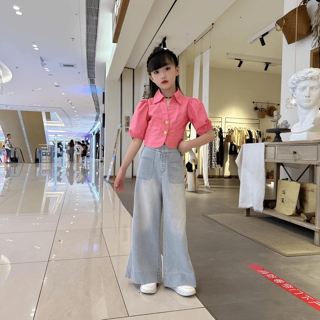 女童夏季轻奢高级感修身短款时尚翻领泡泡袖衬衫休闲时髦牛仔裤套