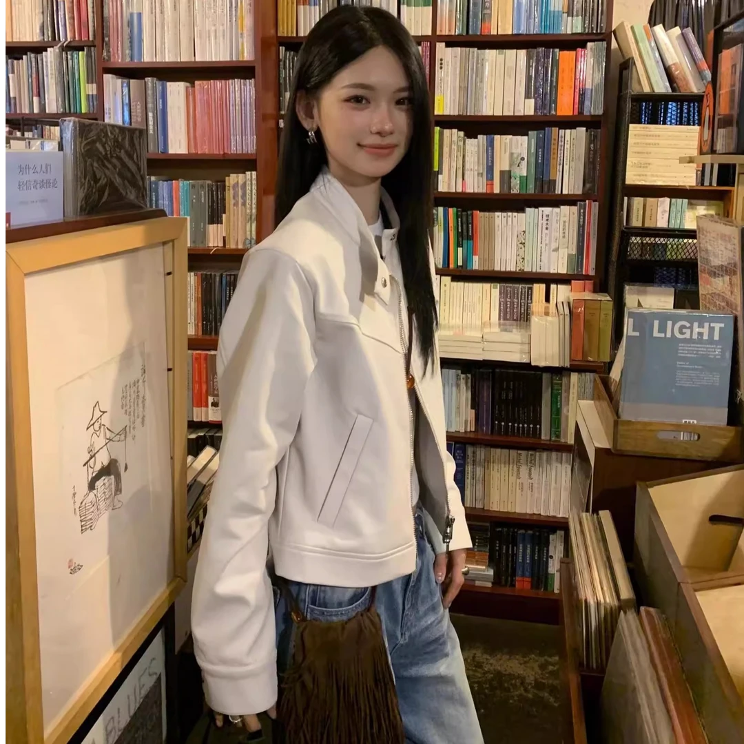 法式立领白色皮衣外套女秋季新款设计感韩版宽松休闲短款夹克上衣