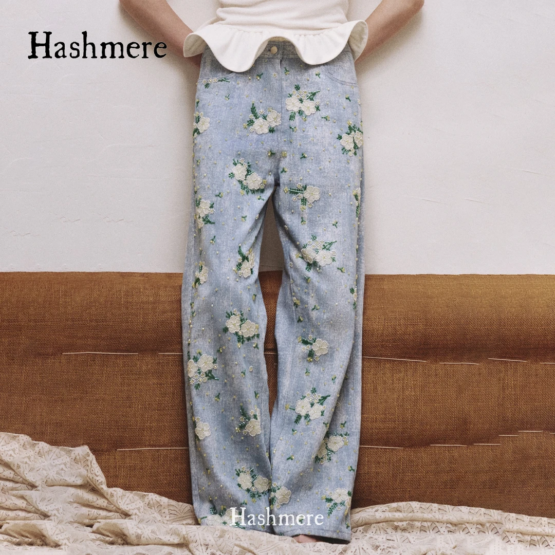 【乌兰托娅】重工撞色拼接假两件长裤显瘦玫瑰提花钉珠阔腿牛仔裤