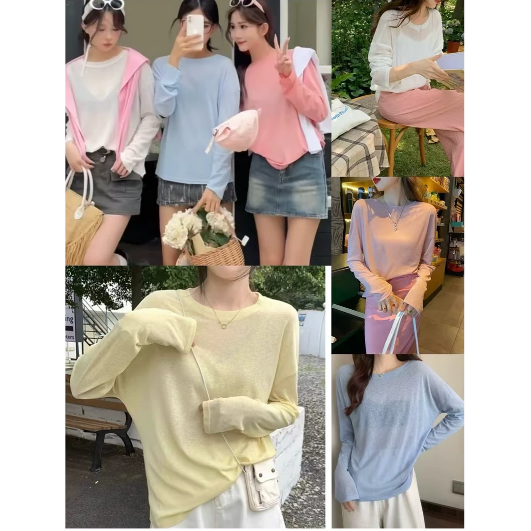薇莎2085【清爽防晒】圆领落肩慵懒随性微透防晒长袖T恤