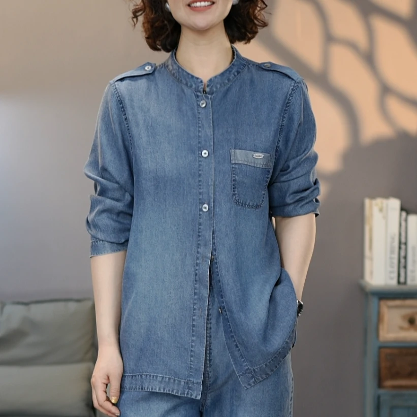8818蓝莱赛尔牛仔衬衫女2025宽松显瘦休闲时尚水洗透气牛仔上衣