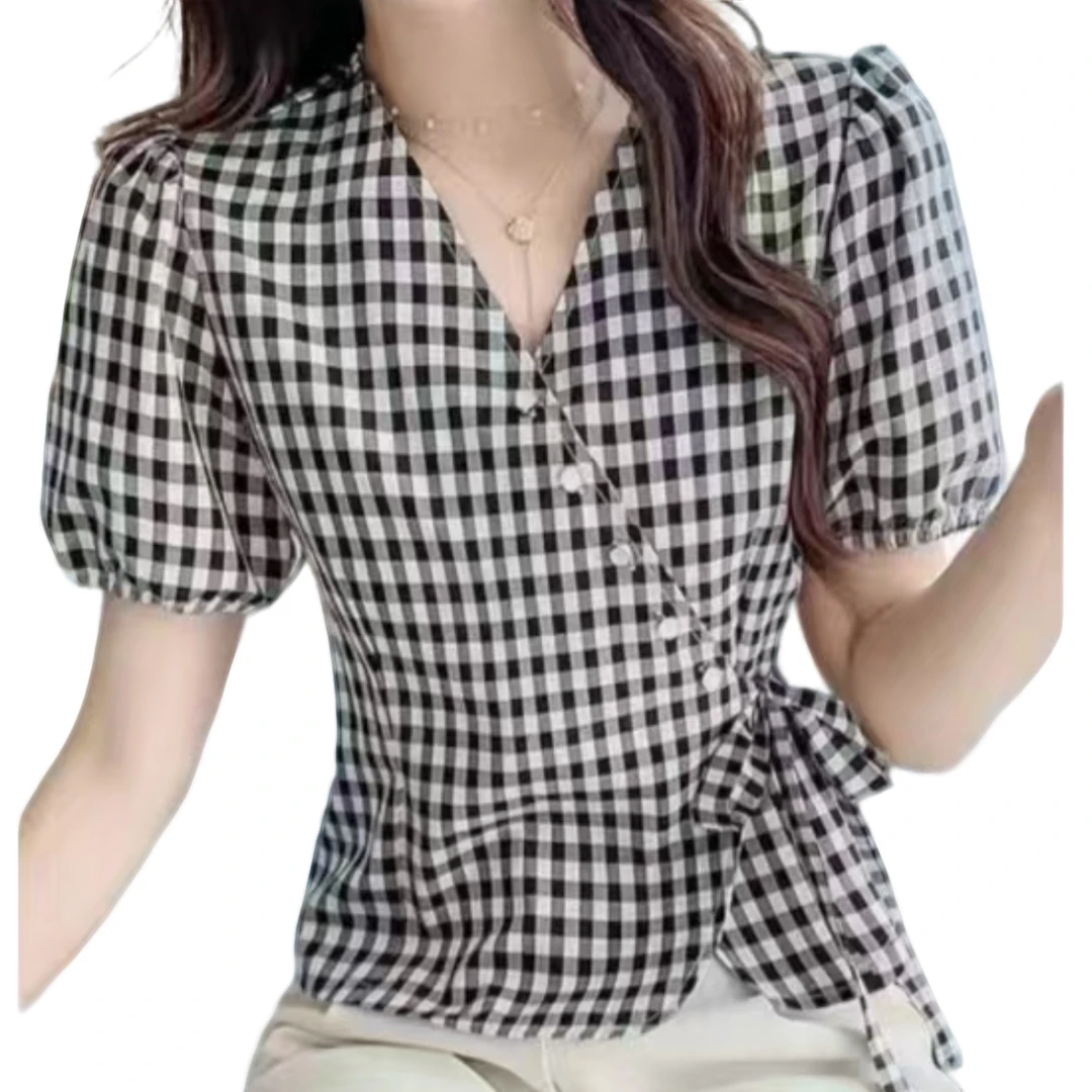 【珊珊服饰】夏季新款系带格子上衣