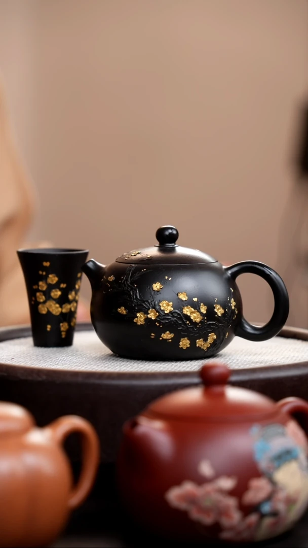 茶壶紫砂捂灰朱泥描金梅花西施+杯