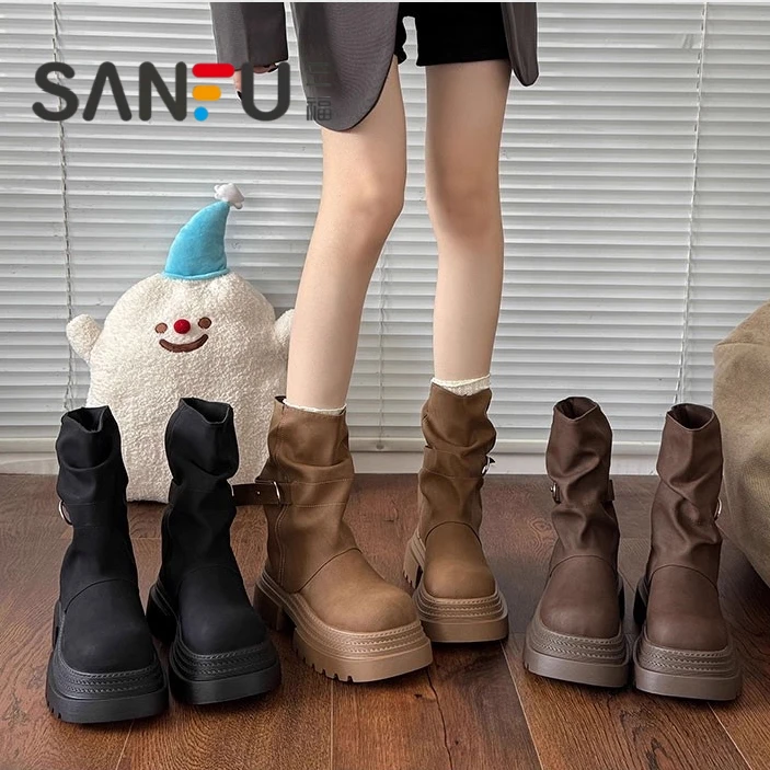 三福美拉德短筒马丁靴女2025秋冬季新款英伦风复古圆头厚底裤管靴