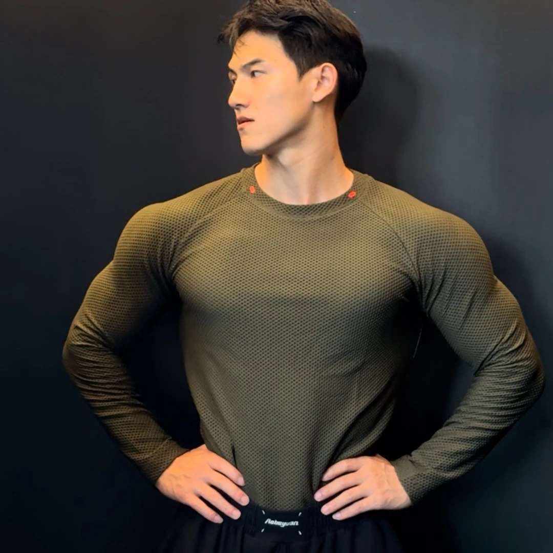 无缝提花高弹泡泡布运动长袖插肩袖透气秋季T恤上衣圆领长训练t恤