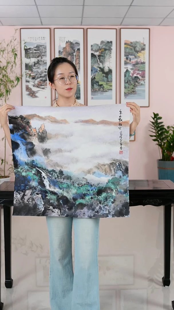 国画王学田《金山飘祥云》纯手绘檀木框82*82厘米