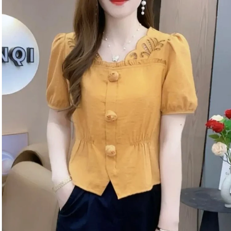 2025夏季小香风荷叶领时尚百搭小衫外穿新款遮肉短袖通勤女士上衣