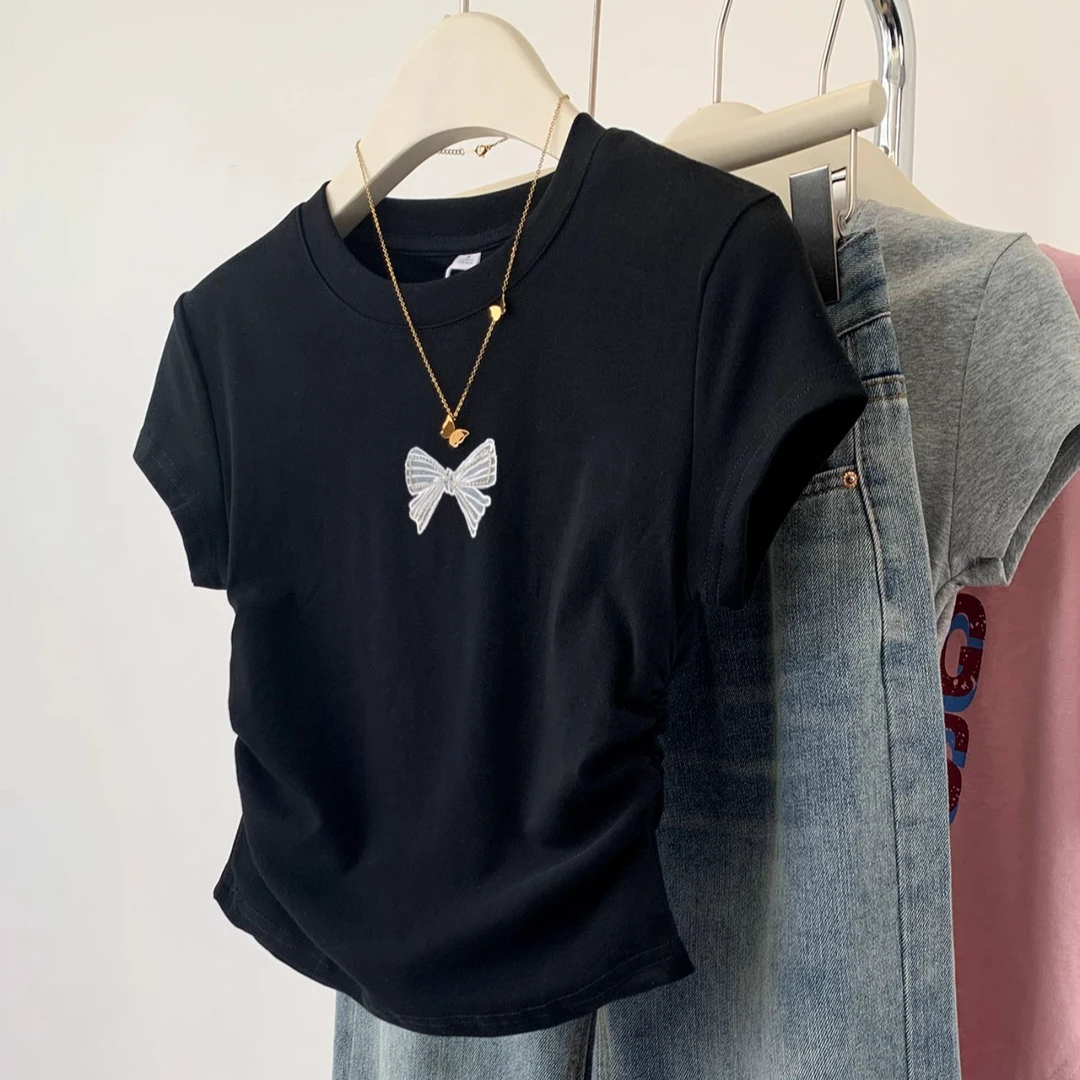 黑色烫钻正肩短袖t恤衫女夏季2025年新款设计感大码微胖mm上显瘦