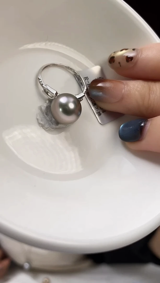 18K金镶嵌戒指海水珍珠11-12大溪地黑珍珠戒指