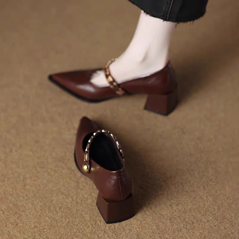 高跟复古港风春秋女鞋浅口冬季粗跟皮鞋秋季单鞋