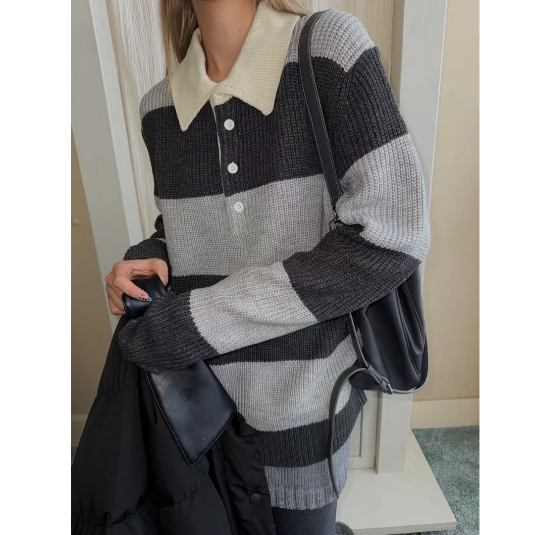 HELLOTANGO《线条织语》秋冬复古宽边条纹撞色polo套头毛衣8338#