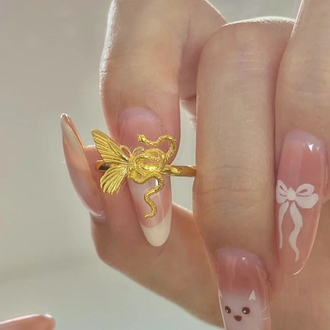 铜合金戒指 国潮戒指灵蛇与蝴蝶女新中式复古指环轻奢高级感