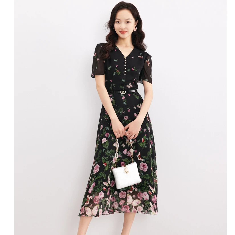 珂莱蒂尔夏季新款休闲茶歇裙气质碎花真丝连衣裙子女