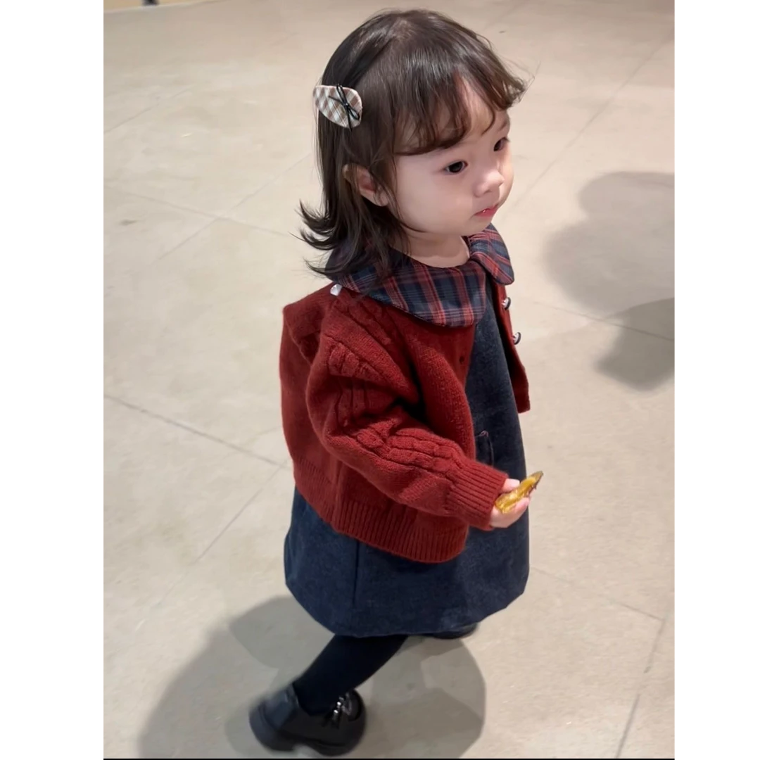 韩版女童秋季套装新款时髦洋气针织开衫蝴蝶结娃娃领背心裙两件套