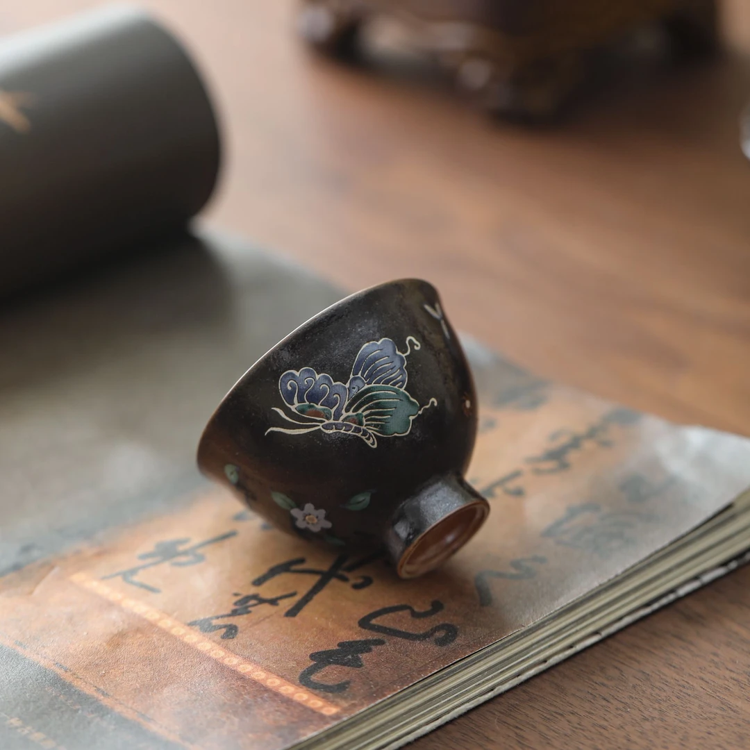 亘古客杯暗夜蝶舞志野烧主人杯茶具陶瓷茶杯品茗泡茶黑色釉水杯