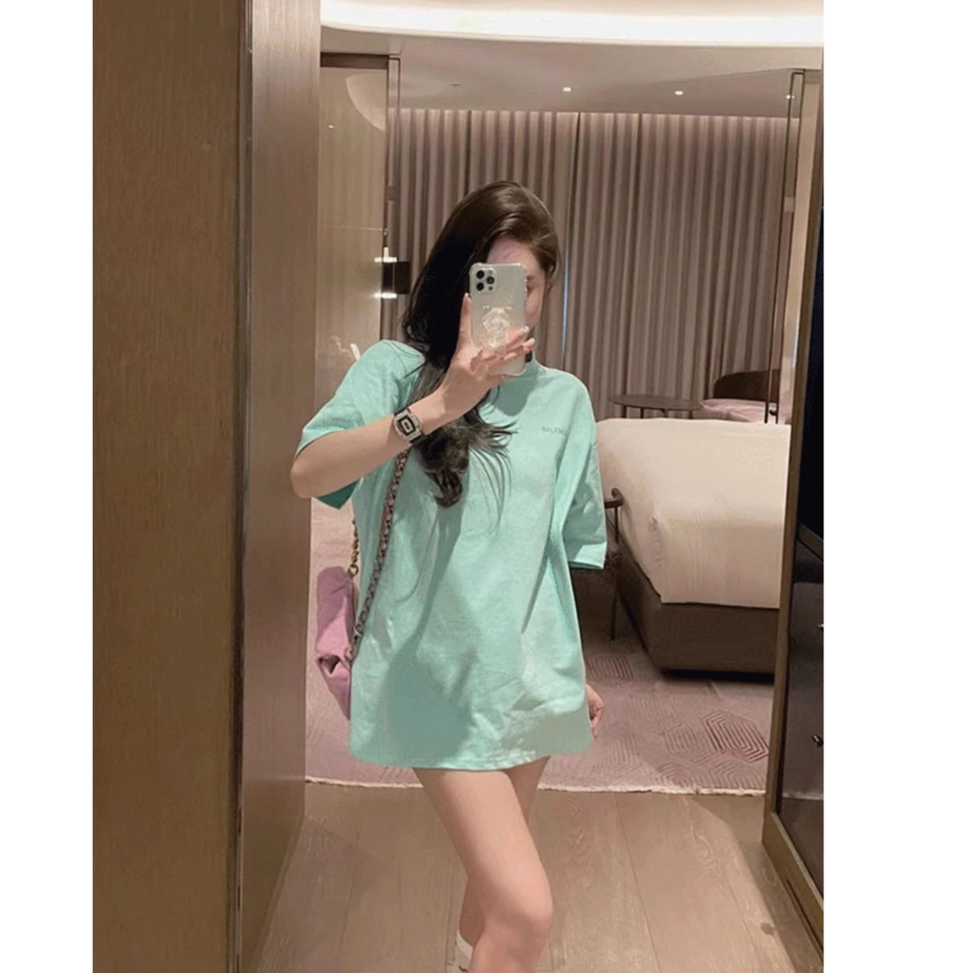 欧货薄荷绿色短袖t恤女2025新款大版下衣失踪中长款小个子上衣ins