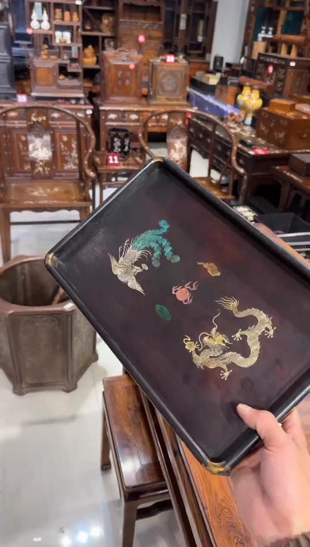 木木头款紫檀龙凤铜角宽盘128