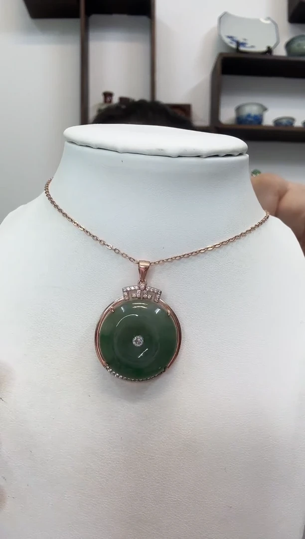 吊坠(赠链)银S925镶嵌翡翠平安扣玫瑰边