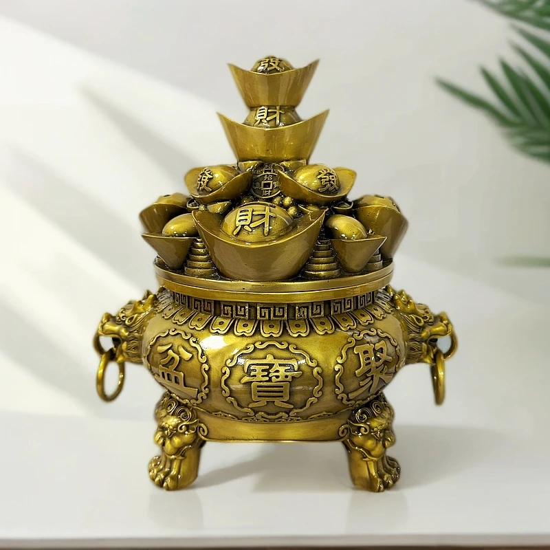 黄铜存钱三脚开盖元宝聚宝盆亮面铜带盖金山聚宝盆办公室家居摆件