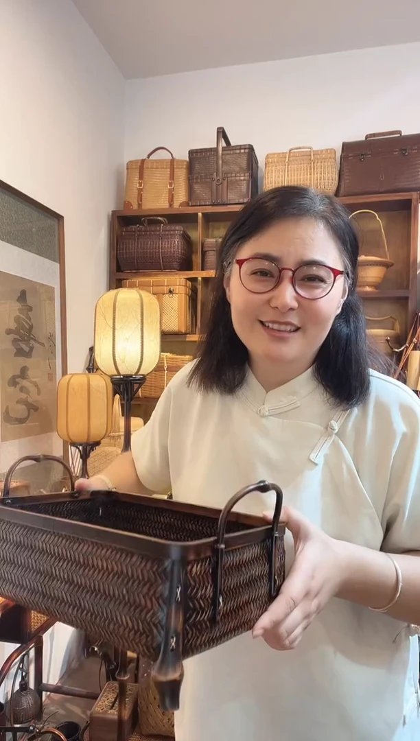 手工竹编复古收纳筐长双耳
