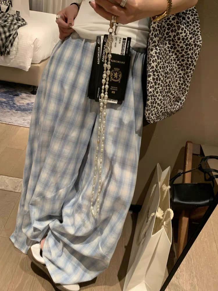 辣椒酱 遛弯格子阔腿裤女2025夏季新款轻薄宽松慵懒松弛休闲裤