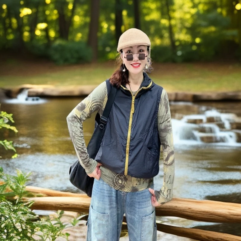 <云姐姐上新>女拉链工字型连帽透气双面宽松时尚休闲马夹户外百搭